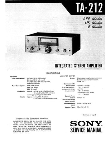 SONY TA-212 INTEGRATED STEREO AMPLIFIER SERVICE MANUAL 14 PAGES ENG