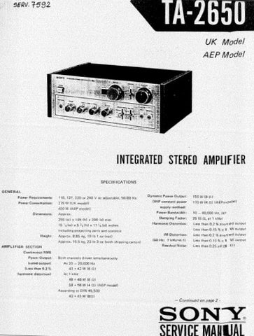 SONY TA-2650 INTEGRATED STEREO AMPLIFIER SERVICE MANUAL 13 PAGES ENG