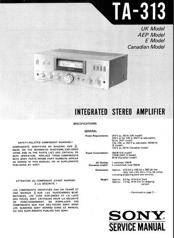 SONY TA-313 INTEGRATED STEREO AMPLIFIER SERVICE MANUAL 10 PAGES ENG