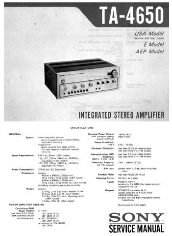 SONY TA-4650 INTEGRATED STEREO AMPLIFIER SERVICE MANUAL 24 PAGES ENG