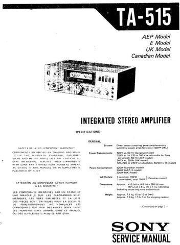 SONY TA-515 INTEGRATED STEREO AMPLIFIER SERVICE MANUAL 19 PAGES ENG