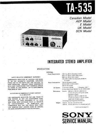 SONY TA-535 INTEGRATED STEREO AMPLIFIER SERVICE MANUAL 18 PAGES ENG