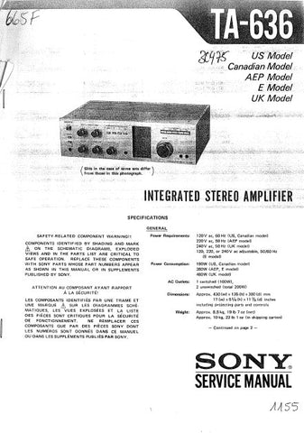 SONY TA-636 INTEGRATED STEREO AMPLIFIER SERVICE MANUAL 9 PAGES ENG