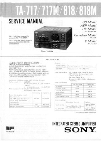 SONY TA-717 TA-717M TA-818 TA-818M INTEGRATED STEREO AMPLIFIER SERVICE MANUAL 16 PAGES ENG