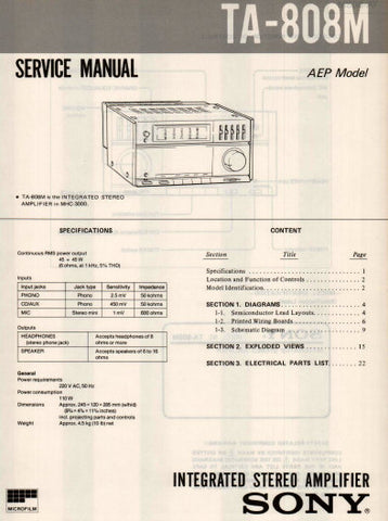 SONY TA-808M INTEGRATED STEREO AMPLIFIER SERVICE MANUAL 9 PAGES ENG