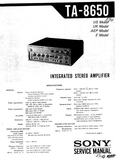 SONY TA-8650 INTEGRATED STEREO AMPLIFIER SERVICE MANUAL 34 PAGES ENG