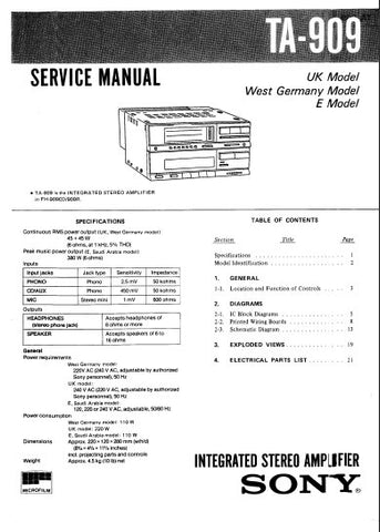 SONY TA-909 INTEGRATED STEREO AMPLIFIER SERVICE MANUAL 19 PAGES ENG