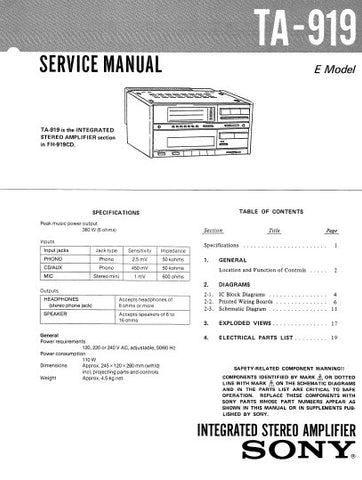 SONY TA-919 INTEGRATED STEREO AMPLIFIER SERVICE MANUAL 12 PAGES ENG