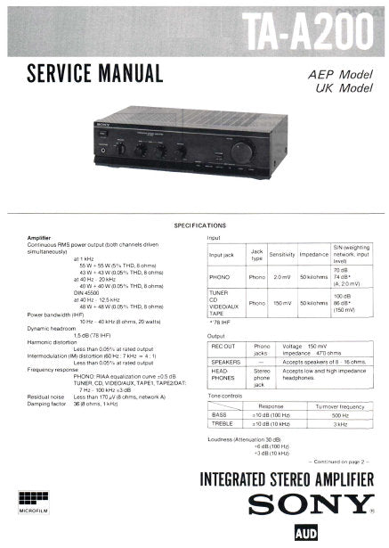 SONY TA-A200 INTEGRATED STEREO AMPLIFIER SERVICE MANUAL 13 PAGES ENG