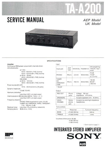 SONY TA-A200 INTEGRATED STEREO AMPLIFIER SERVICE MANUAL 13 PAGES ENG