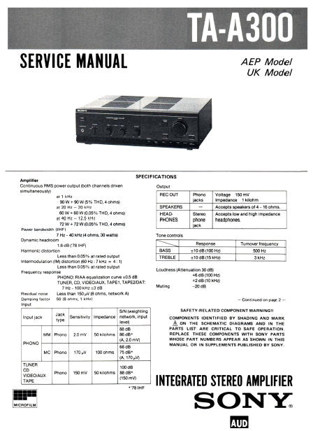 SONY TA-A300 INTEGRATED STEREO AMPLIFIER SERVICE MANUAL 15 PAGES ENG