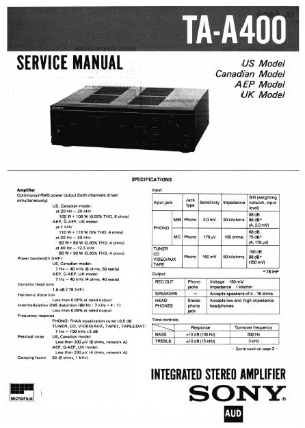 SONY TA-A400 INTEGRATED STEREO AMPLIFIER SERVICE MANUAL 19 PAGES ENG