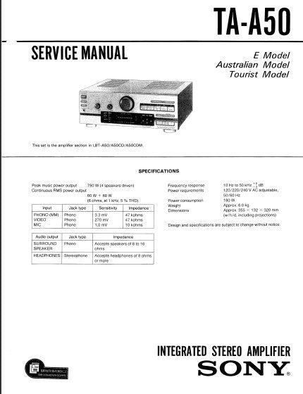 SONY TA-A50 INTEGRATED STEREO AMPLIFIER SERVICE MANUAL 18 PAGES ENG