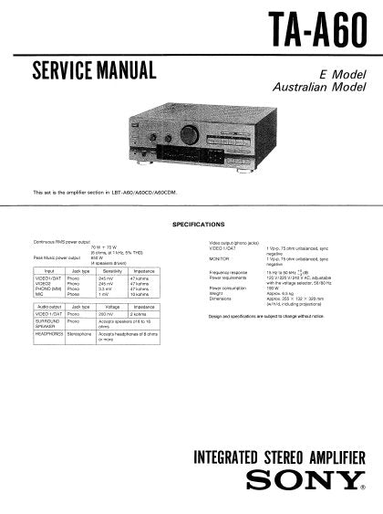 SONY TA-A60 INTEGRATED STEREO AMPLIFIER SERVICE MANUAL 19 PAGES ENG