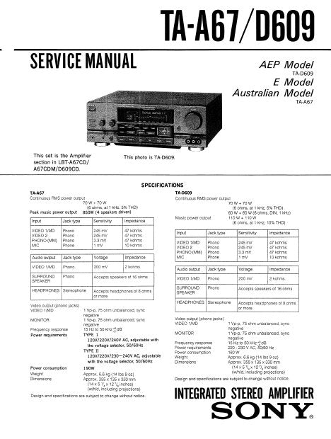 SONY TA-A67 INTEGRATED STEREO AMPLIFIER SERVICE MANUAL 23 PAGES ENG