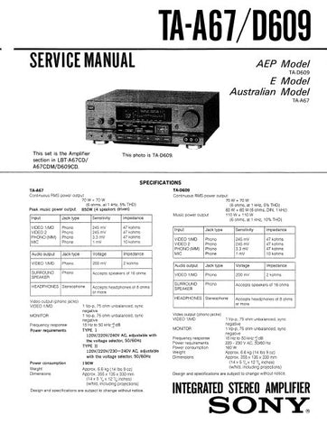 SONY TA-A67 INTEGRATED STEREO AMPLIFIER SERVICE MANUAL 23 PAGES ENG