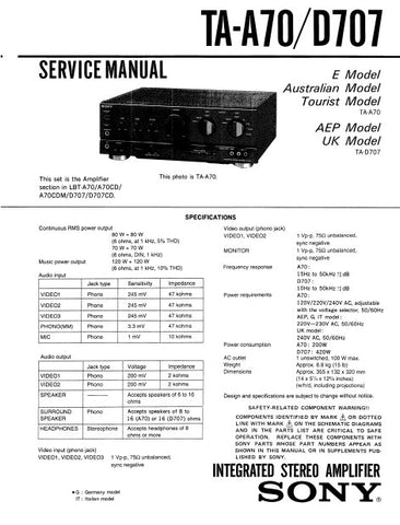 SONY TA-A70 INTEGRATED STEREO AMPLIFIER SERVICE MANUAL 22 PAGES ENG
