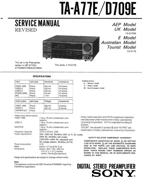 SONY TA-A77E DIGITAL STEREO PREAMPLIFIER SERVICE MANUAL 42 PAGES ENG