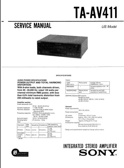 SONY TA-AV411 INTEGRATED STEREO AMPLIFIER SERVICE MANUAL 31 PAGES ENG