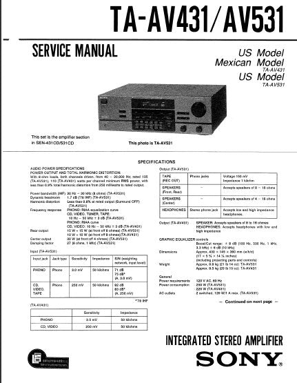 SONY TA-AV431 TA-AV531 INTEGRATED STEREO AMPLIFIER SERVICE MANUAL 29 PAGES ENG
