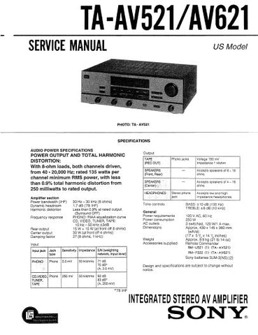 SONY TA-AV521 TA-AV621 INTEGRATED STEREO AV AMPLIFIER SERVICE MANUAL 28 PAGES ENG