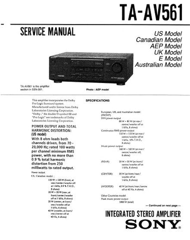 SONY TA-AV561 INTEGRATED STEREO AMPLIFIER SERVICE MANUAL 23 PAGES ENG