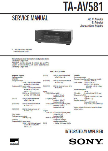 SONY TA-AV581 INTEGRATED AV AMPLIFIER SERVICE MANUAL 25 PAGES ENG