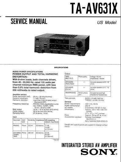 SONY TA-AV631X INTEGRATED STEREO AV AMPLIFIER SERVICE MANUAL 24 PAGES ENG