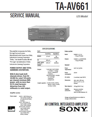 SONY TA-AV661 AV CONTROL INTEGRATED AMPLIFIER SERVICE MANUAL 22 PAGES ENG