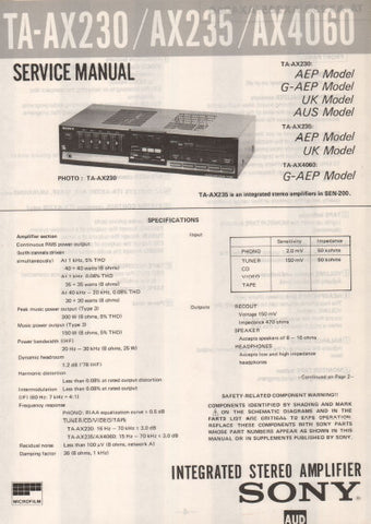 SONY TA-AX230 TA-AX235 TA-AX4060 INTEGRATED STEREO AMPLIFIER SERVICE MANUAL 12 PAGES ENG