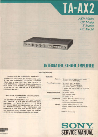 SONY TA-AX2 INTEGRATED STEREO AMPLIFIER SERVICE MANUAL 8 PAGES ENG