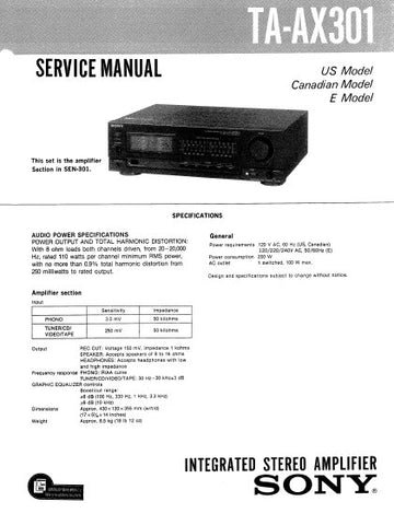 SONY TA-AX301 INTEGRATED STEREO AMPLIFIER SERVICE MANUAL 18 PAGES ENG