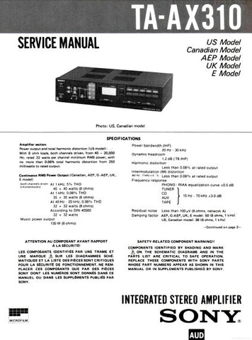 SONY TA-AX310 INTEGRATED STEREO AMPLIFIER SERVICE MANUAL 17 PAGES ENG