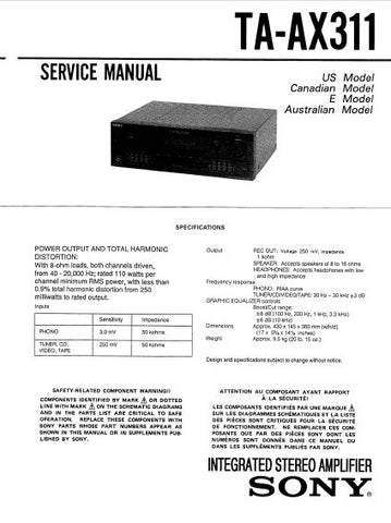 SONY TA-AX311 INTEGRATED STEREO AMPLIFIER SERVICE MANUAL 26 PAGES ENG