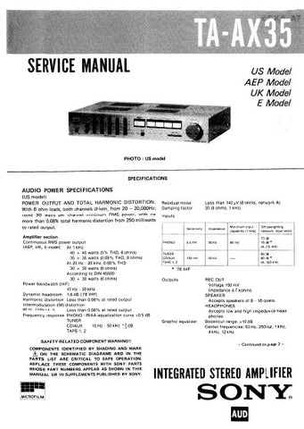 SONY TA-AX35 INTEGRATED STEREO AMPLIFIER SERVICE MANUAL 18 PAGES ENG