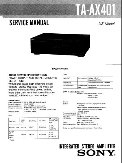SONY TA-AX401 INTEGRATED STEREO AMPLIFIER SERVICE MANUAL 18 PAGES ENG