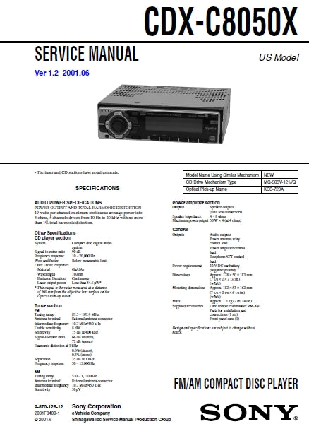 SONY CDX-C8050X FM AM CD PLAYER SERVICE MANUAL INC SCHEM DIAGS 94 PAGES ENG