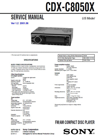 SONY CDX-C8050X FM AM CD PLAYER SERVICE MANUAL INC SCHEM DIAGS 94 PAGES ENG
