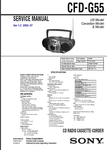 SONY CFD-G55 CD RADIO CASSETTE CORDER SERVICE MANUAL INC SCHEM DIAGS 54 PAGES ENG