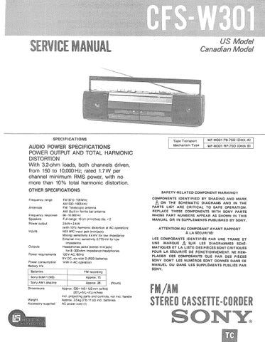 SONY CFS-W301 FM AM STEREO CASSETTE-CORDER SERVICE MANUAL INC SCHEM DIAGS 27 PAGES ENG