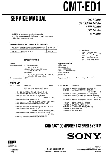 SONY CMT-EDQ HCD-ED1 SA-ED1 COMPACT COMPONENT STEREO SYSTEM SERVICE MANUAL INC SCHEM DIAGS 54 PAGES ENG