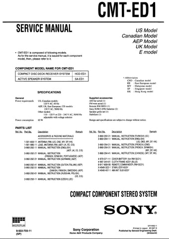 SONY CMT-EDQ HCD-ED1 SA-ED1 COMPACT COMPONENT STEREO SYSTEM SERVICE MANUAL INC SCHEM DIAGS 54 PAGES ENG