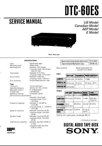 SONY DTC-60ES DIGITAL AUDIO TAPE DECK SERVICE MANUAL INC SCHEM DIAGS 74 PAGES ENG