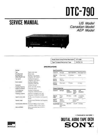 SONY DTC-790 DIGITAL AUDIO TAPE DECK SERVICE MANUAL INC SCHEM DIAGS 63 PAGES ENG