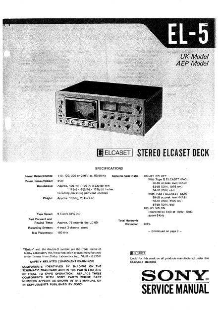 SONY EL-5 STEREO ELCASET DECK SERVICE MANUAL INC SCHEM DIAGS 38 PAGES ENG