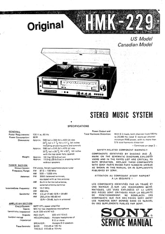 SONY HMK-229 STEREO MUSIC SYSTEM SERVICE MANUAL INC SCHEM DIAGS 42 PAGES ENG