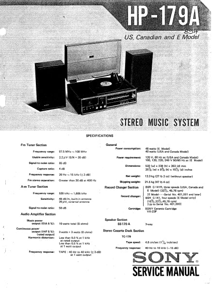 SONY HP-179A STEREO MUSIC SYSTEM SERVICE MANUAL INC SCHEM DIAGS 59 PAGES ENG