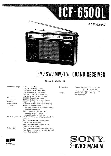 SONY ICF-6500L FM SW MW LW 6 BAND RECEIVER SERVICE MANUAL INC SCHEM DIAGS 33 PAGES ENG