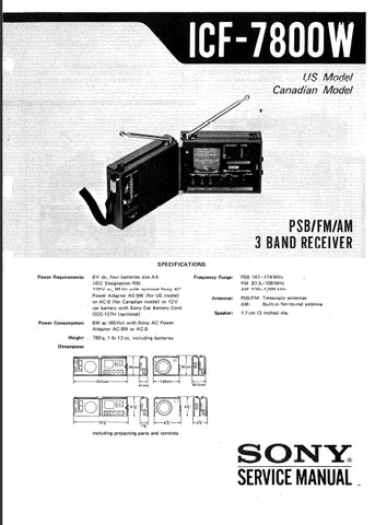 SONY ICF-7800W PSB FM AM 3 BAND RECEIVER SERVICE MANUAL INC SCHEM DIAGS 21 PAGES ENG