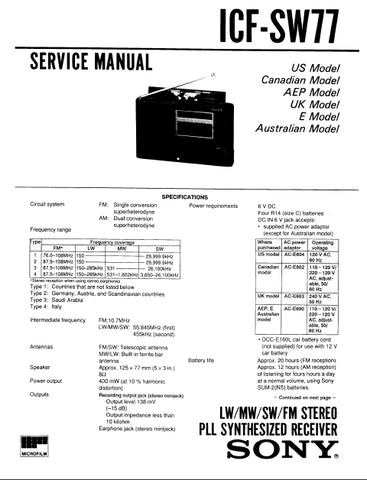 SONY ICF-SW77 LW MW SW FM STEREO PLL SYNTHESIZED RECEIVER SERVICE MANUAL INC SCHEM DIAGS 33 PAGES ENG